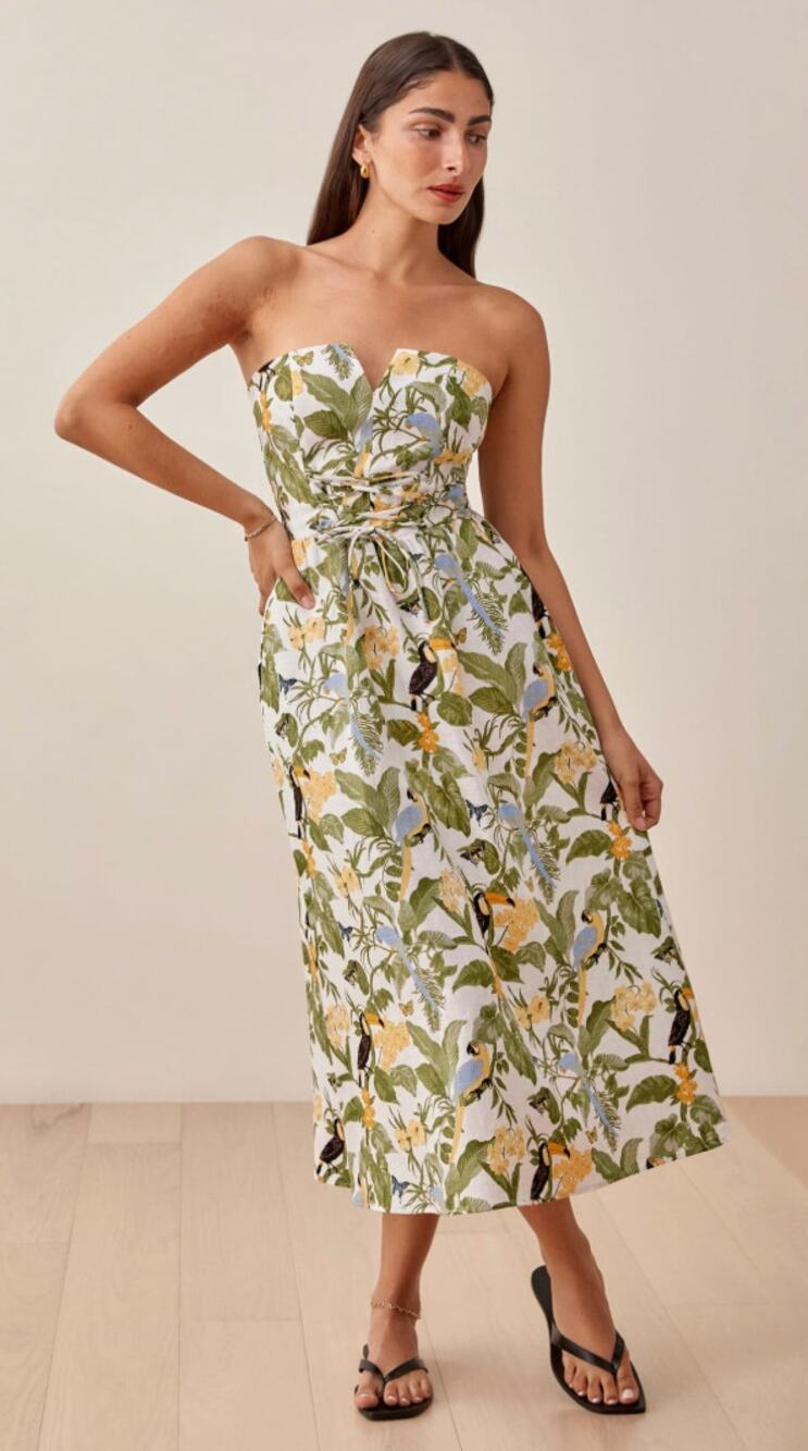 Reformation Dress 6 Cosima Linen Midi Tropical Floral Birds Botanical Romantic